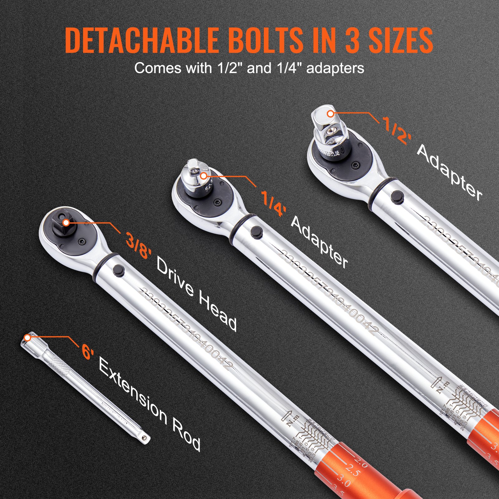 VEVOR torque wrench with 3/8&quot; drive head, 1/2&quot; and 1/4&quot; adapters, and 6&quot; extension rod.