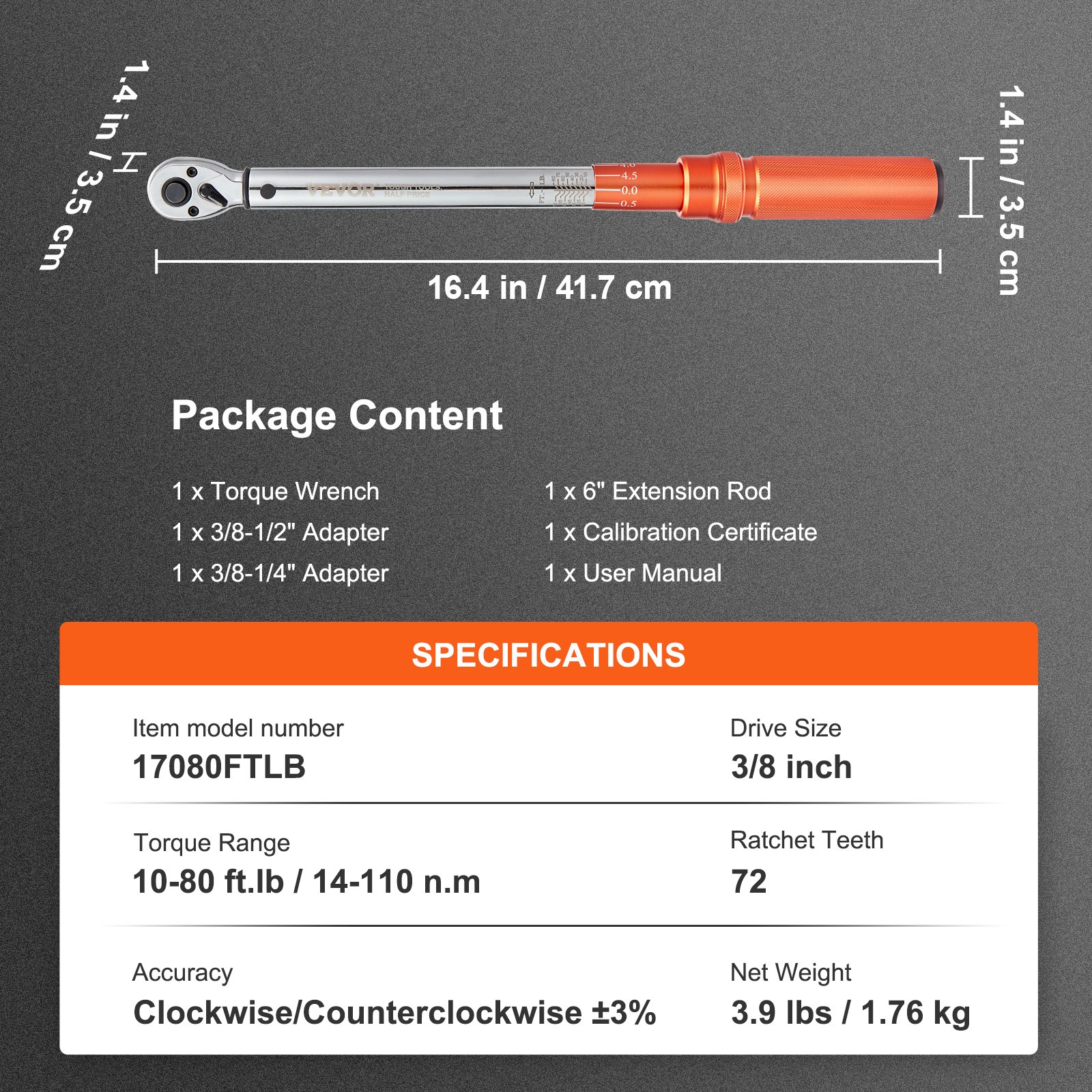 VEVOR torque wrench includes 3/8 inch drive, 10-80 ft.lb range, 72 teeth, and multiple adapters.