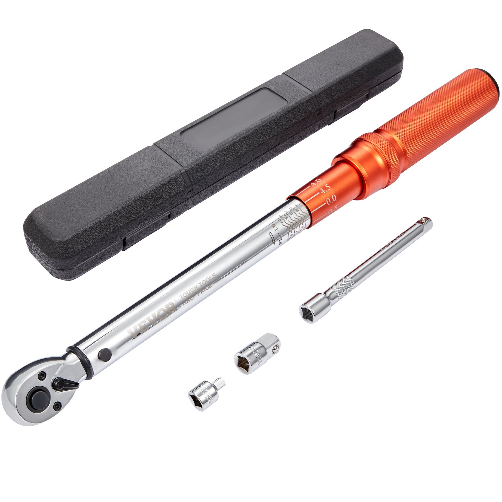 VEVOR torque wrench with red handle, extension bar, adapters, and black case.