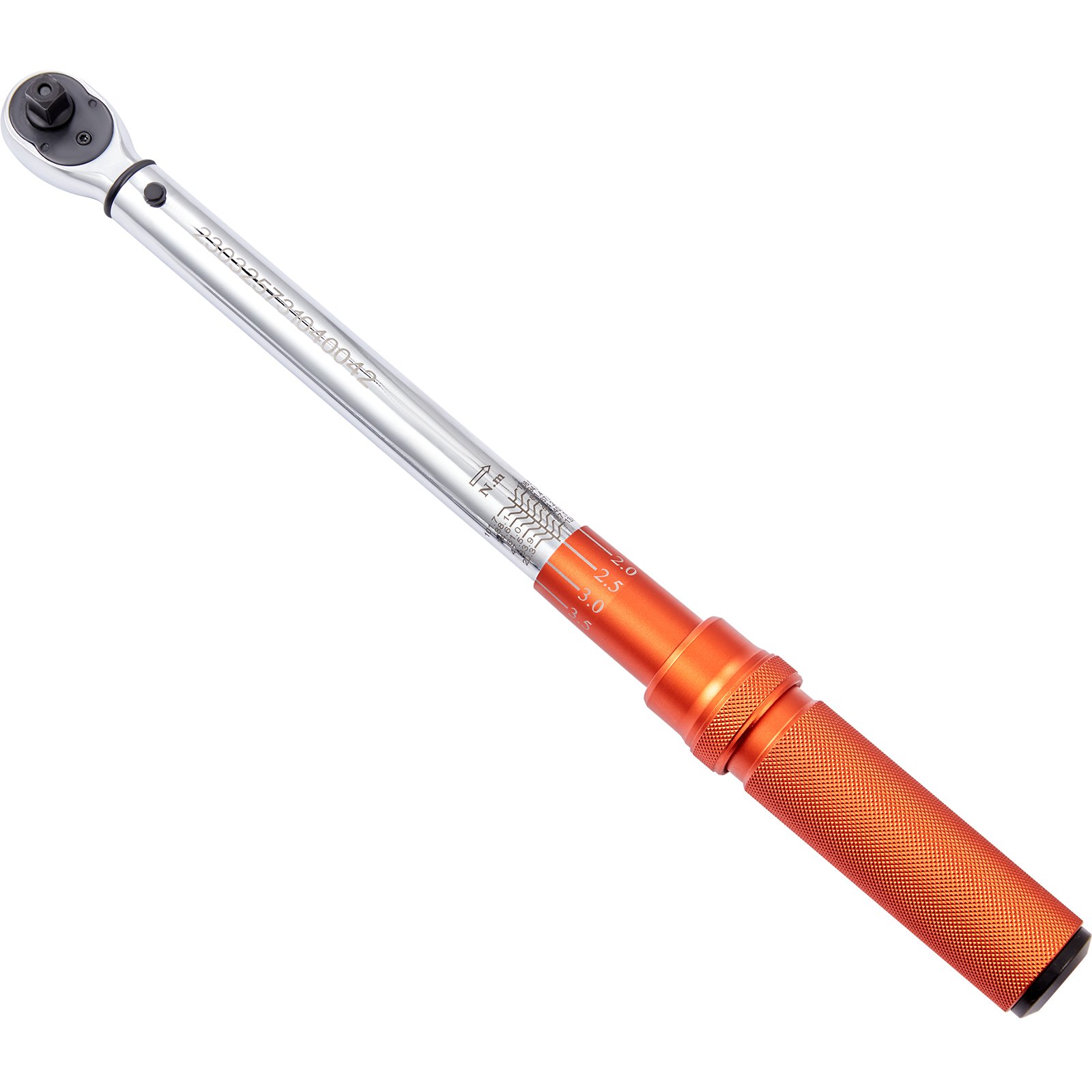 VEVOR torque wrench with a sleek silver body and orange handle, displaying measurement markings.