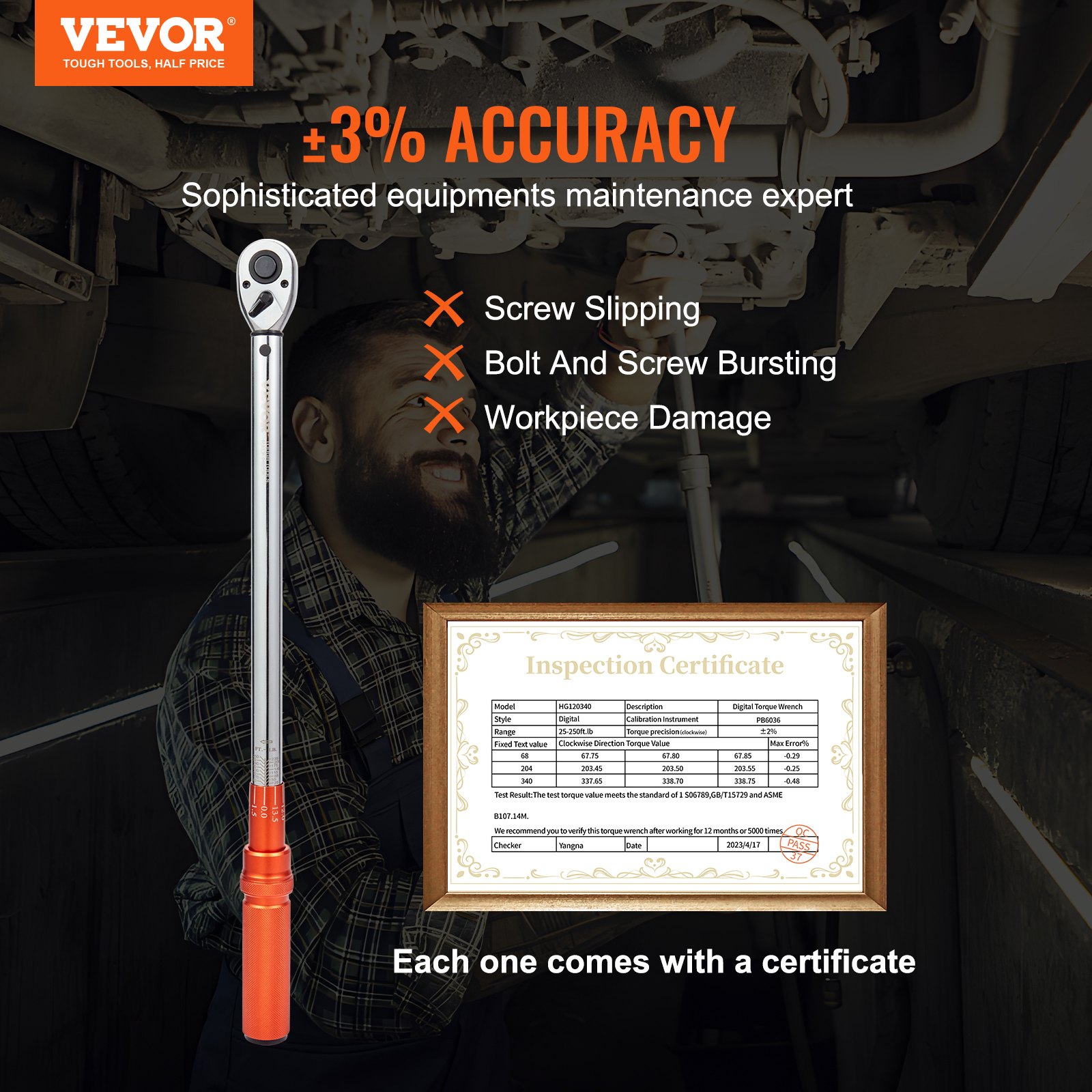 VEVOR torque wrench set with ±3% accuracy, prevents screw slipping, and comes with an inspection certificate.