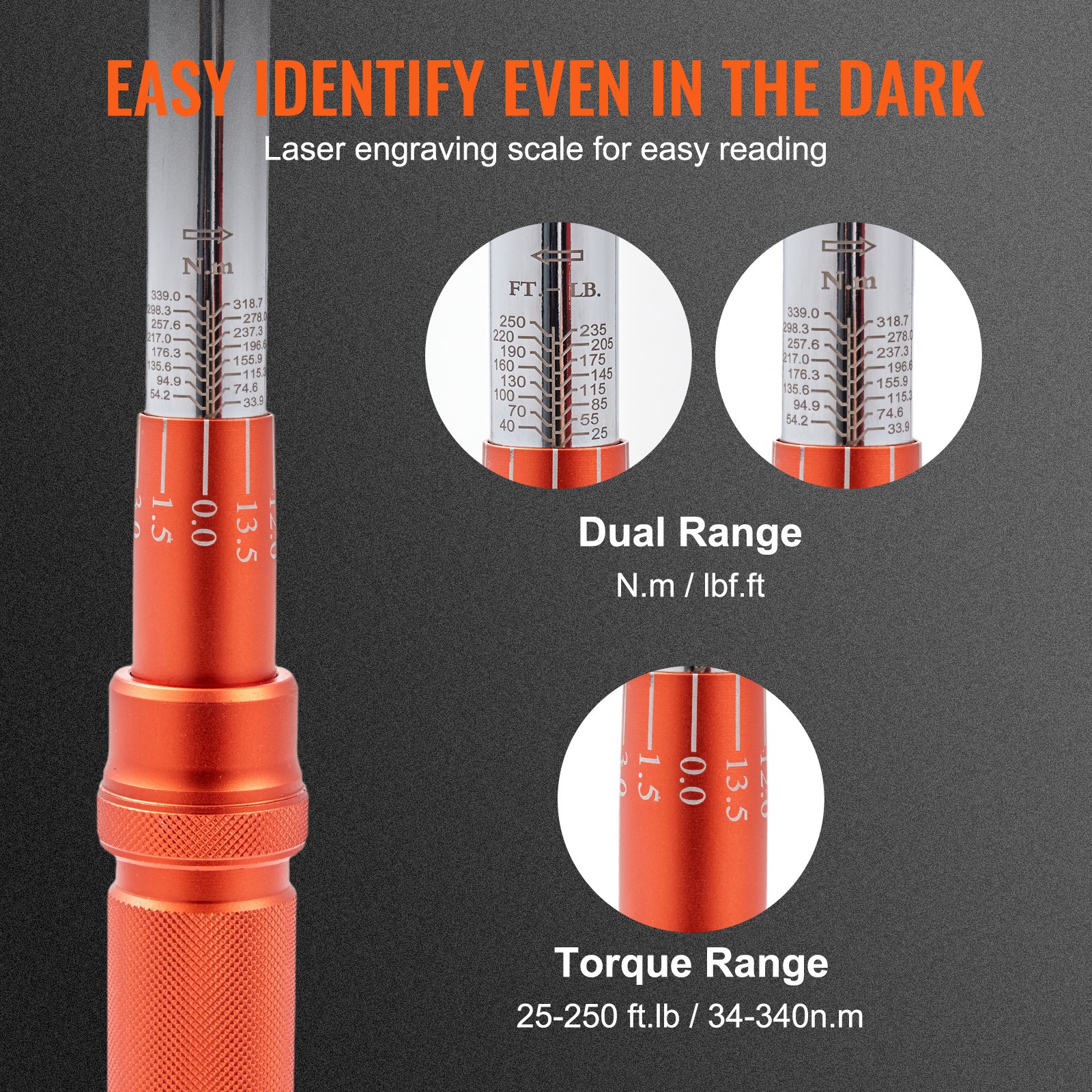 VEVOR torque wrench set with laser-engraved dual range scale, 25-250 ft.lb / 34-340 n.m torque range.
