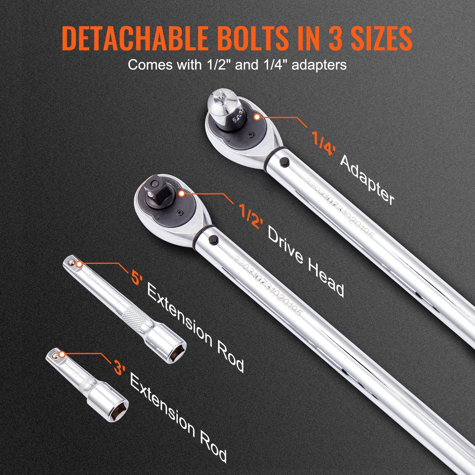 VEVOR torque wrench set with 1/2&quot; and 1/4&quot; drive heads, 3&quot; and 5&quot; extension rods, labeled on gray background.