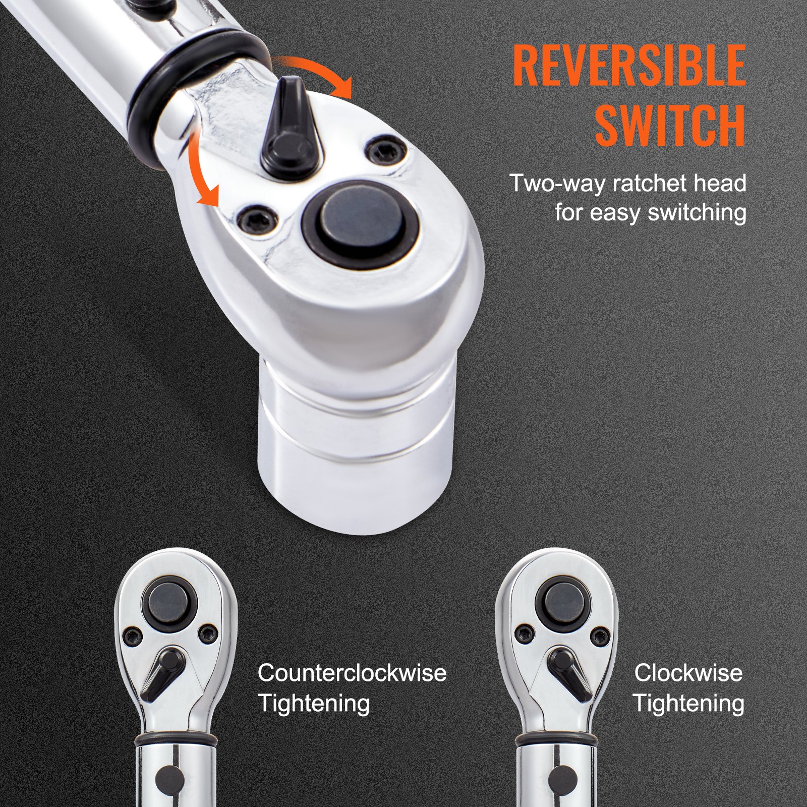 VEVOR torque wrench set with reversible switch for clockwise and counterclockwise tightening.