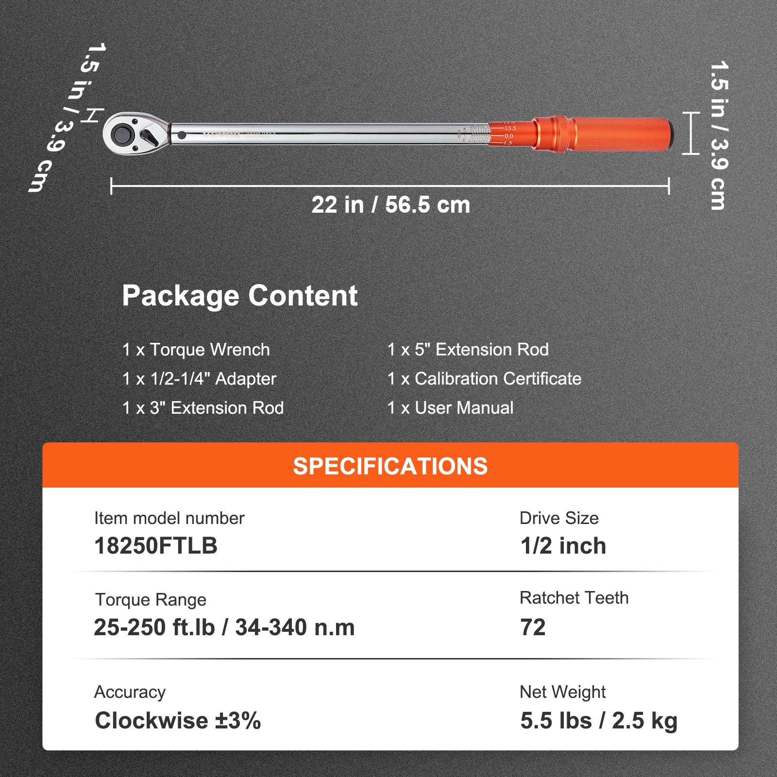 VEVOR torque wrench set, 22in length, 1/2&quot; drive, 25-250 ft.lb, clockwise ±3% accuracy, package contents listed.