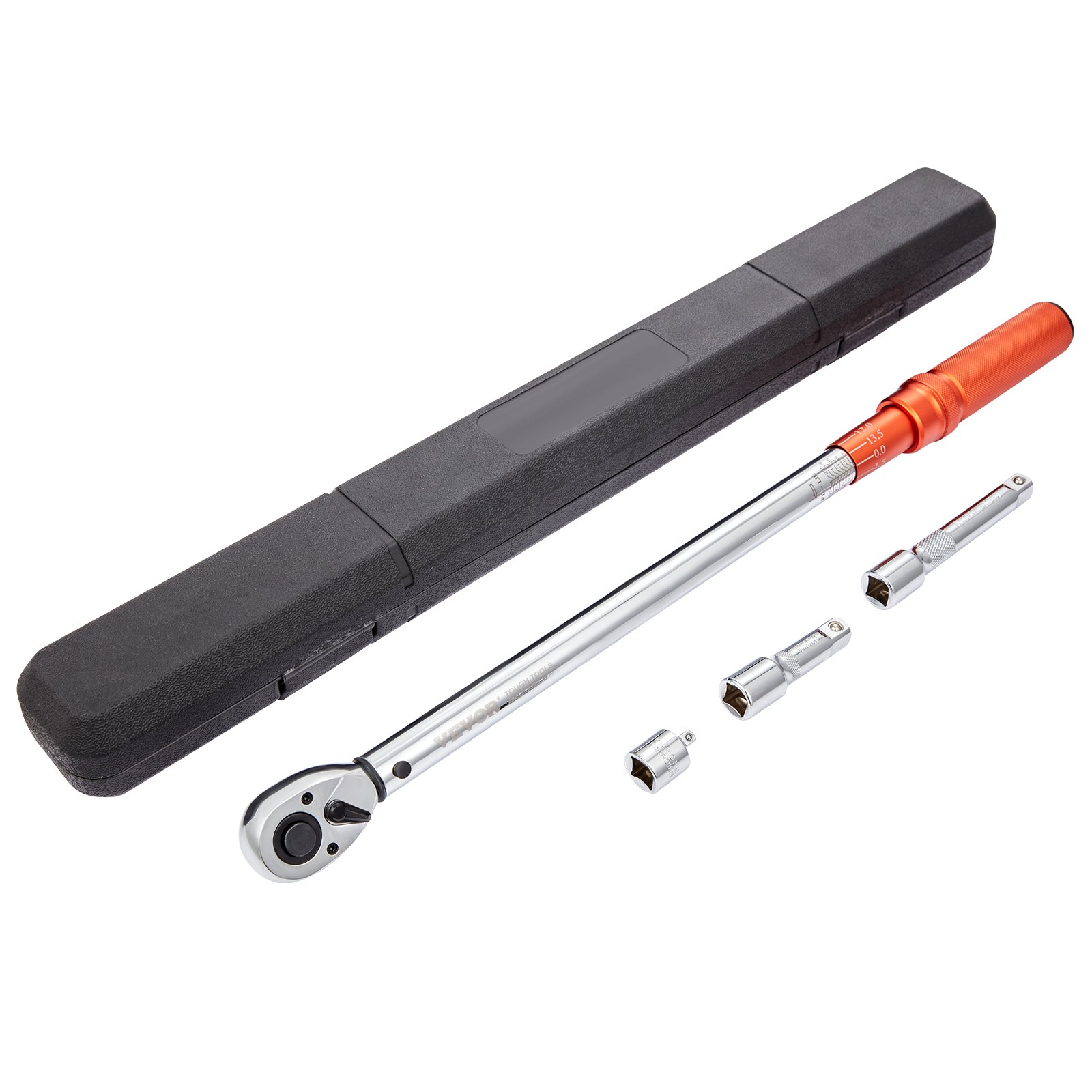 VEVOR torque wrench set with black case, orange handle, and three socket attachments.