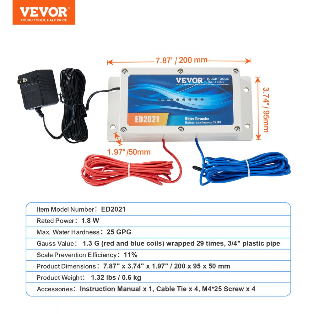 VEVOR Electronic Water Descaler System, Whole House Salt Free Descaler, Hard Water Conditioner to Reduces Scale Build-Up, for All Kinds of Plumbing Pipes, Durable for Over 10 Years