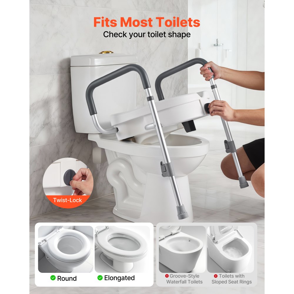 VEVOR Raised Toilet Seat with Arms, 159 kg Capacity, 127 mm Lift Height & Adjustable Width, Widened Commode Elevated Toilet Seat Riser with Handles for Seniors, Elderly, Handicap, Disabled, Adults