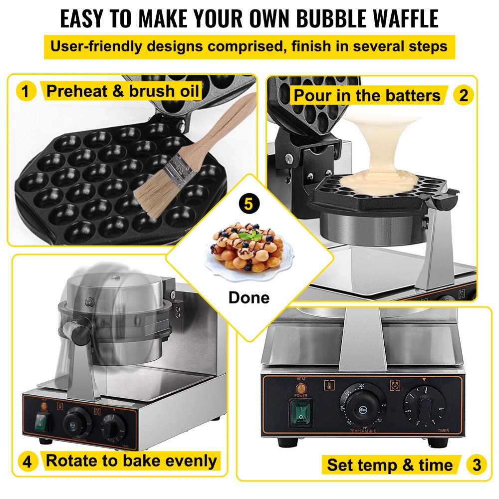 VEVOR Commercial Bubble Waffle Maker, Hexagonal Mould, 1200W Egg Bubble Puff Iron w/ 360°Rotatable 2 Pans & Bent Handles, Stainless Steel Baker w/ Non-Stick Teflon Coating, 50-300℃/122-572℉ Adjustable