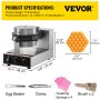 VEVOR Commercial Bubble Waffle Maker, Hexagonal Mould, 1200W Egg Bubble Puff Iron w/ 360°Rotatable 2 Pans & Bent Handles, Stainless Steel Baker w/ Non-Stick Teflon Coating, 50-300℃/122-572℉ Adjustable