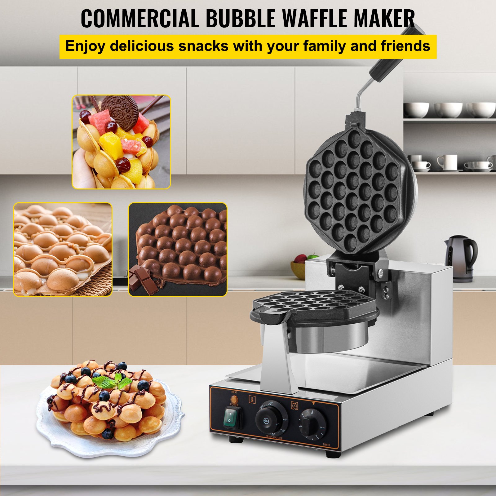 VEVOR Commercial Bubble Waffle Maker, Hexagonal Mould, 1200W Egg Bubble Puff Iron w/ 360°Rotatable 2 Pans & Bent Handles, Stainless Steel Baker w/ Non-Stick Teflon Coating, 50-300℃/122-572℉ Adjustable