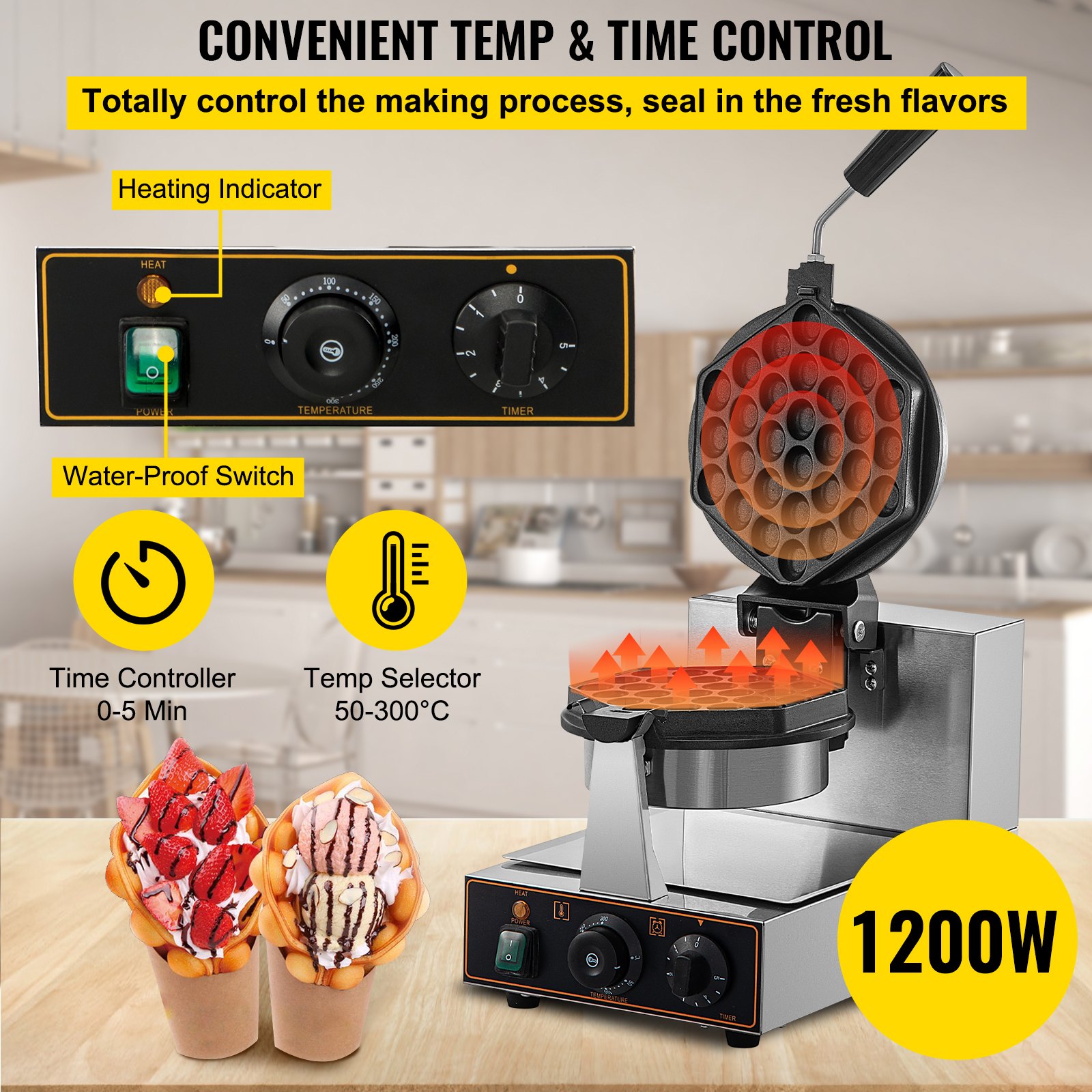 VEVOR Commercial Bubble Waffle Maker, Hexagonal Mould, 1200W Egg Bubble Puff Iron w/ 360°Rotatable 2 Pans & Bent Handles, Stainless Steel Baker w/ Non-Stick Teflon Coating, 50-300℃/122-572℉ Adjustable