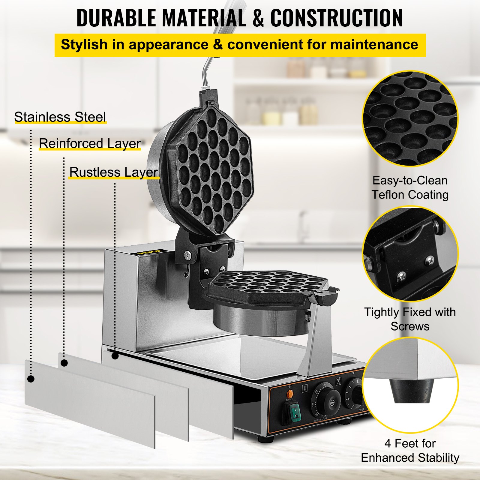 VEVOR Commercial Bubble Waffle Maker, Hexagonal Mould, 1200W Egg Bubble Puff Iron w/ 360°Rotatable 2 Pans & Bent Handles, Stainless Steel Baker w/ Non-Stick Teflon Coating, 50-300℃/122-572℉ Adjustable