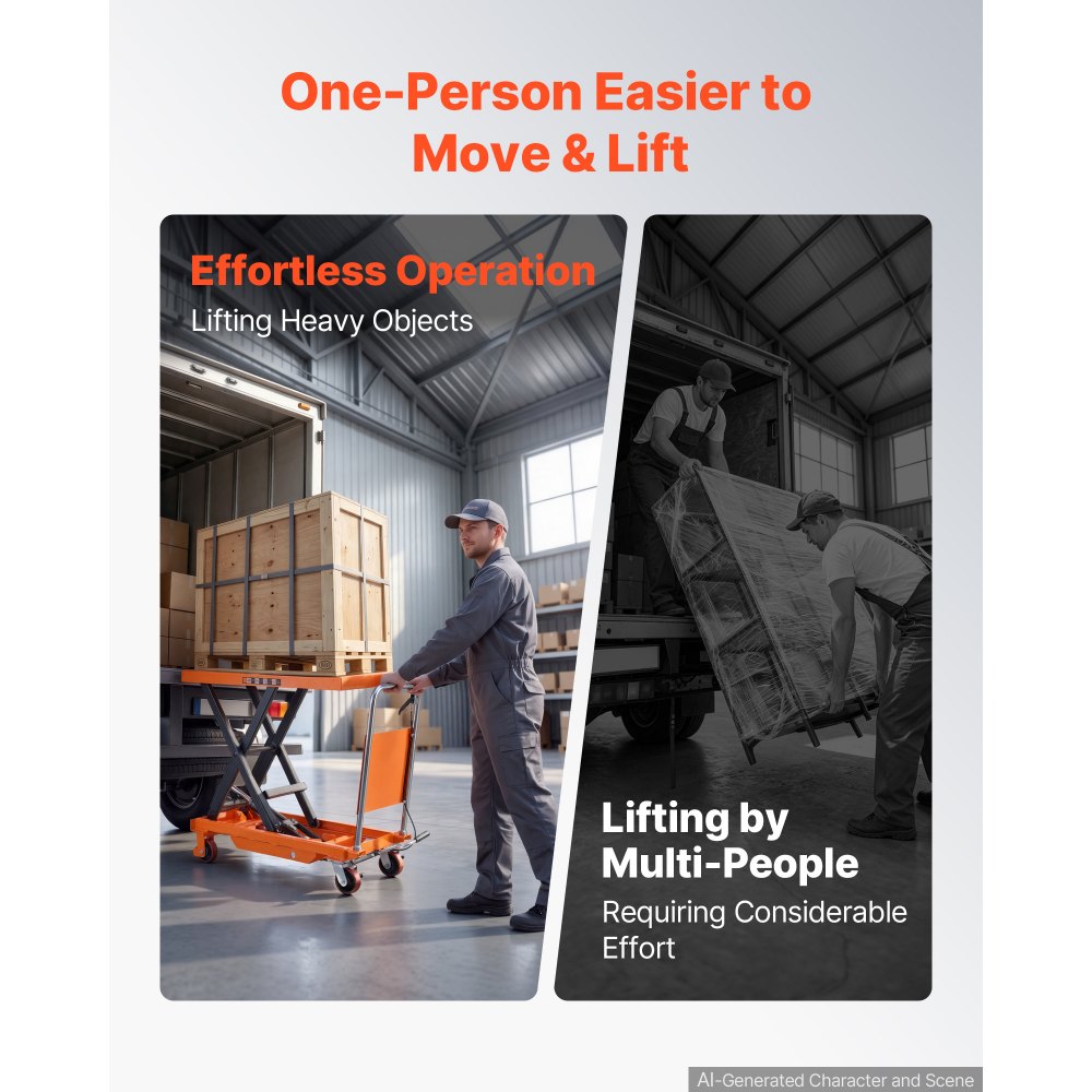 VEVOR Hydraulic Lift Table Cart, 1000 kg Capacity 1000 mm Lifting Height, for Material Handling, Moving, Transportation, Manual Single Scissor Lift Table, with 4 Wheels and Handle, Heavy-Duty Steel