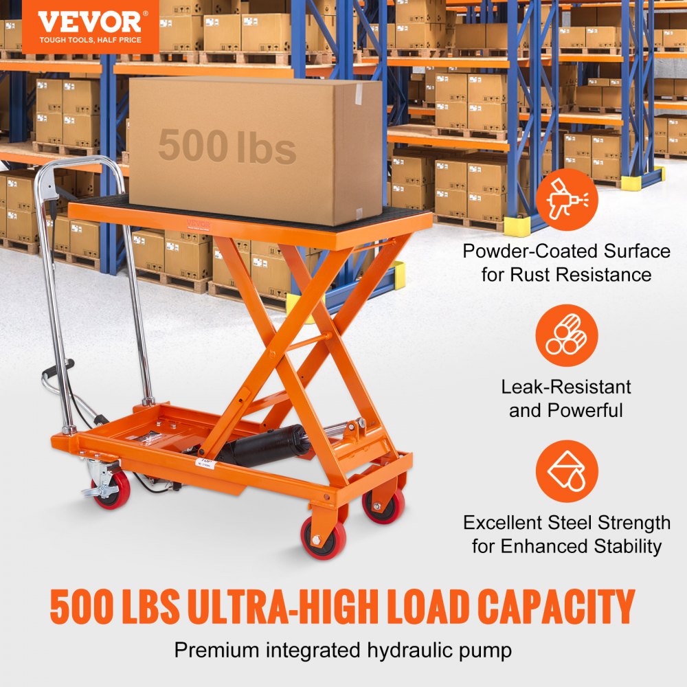 orange VEVOR hydraulic lift table with 500 lbs load in a warehouse, highlighting rust resistance and stability.