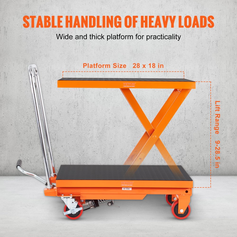 VEVOR hydraulic lift table with 28x18 in platform, lift range of 9-28.5 in, sturdy orange design.