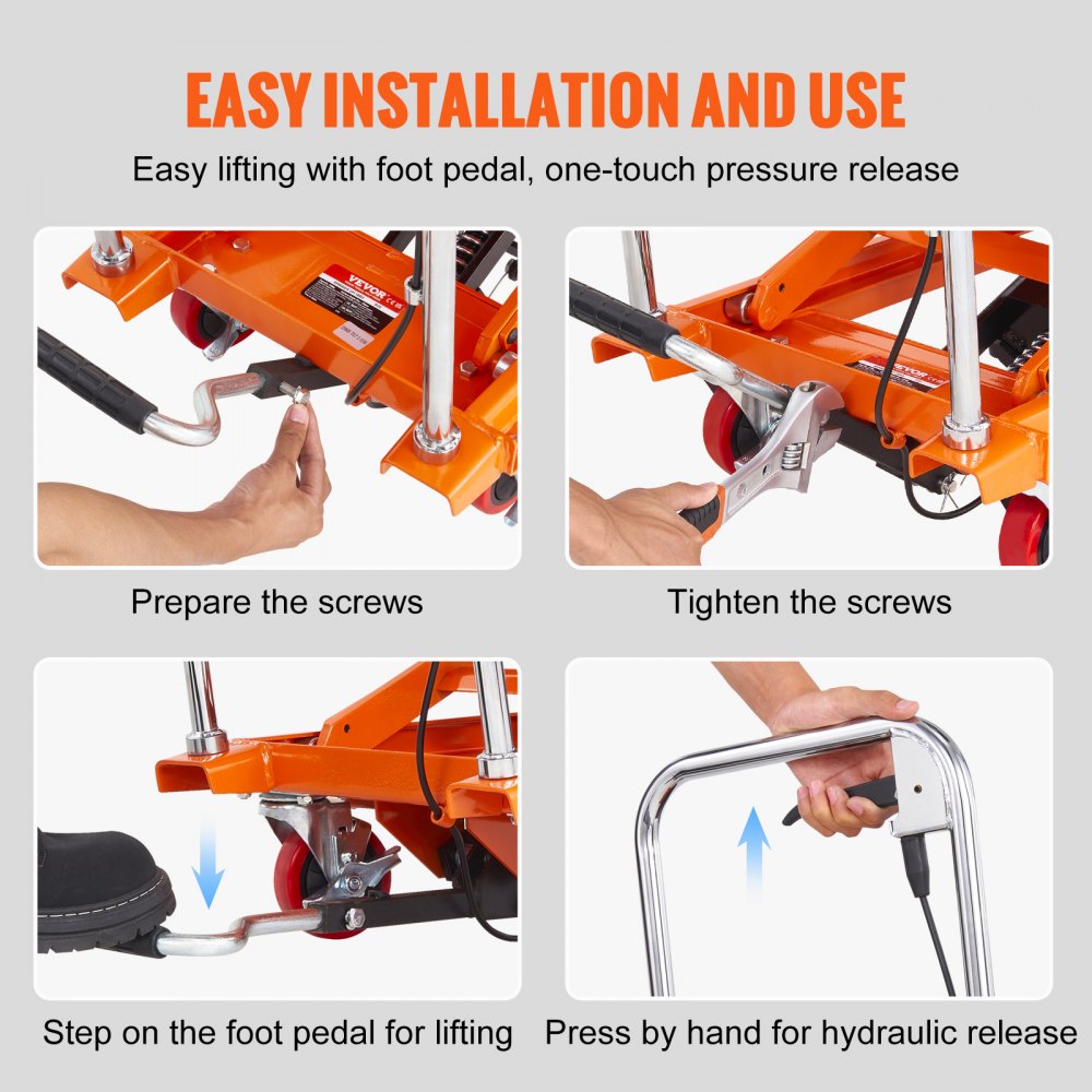 VEVOR hydraulic lift table installation instructions: screw preparation, tightening, foot pedal lift, hand press.