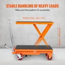 VEVOR Hydraulic Lift Table Cart, 500lbs Capacity 28.5" Lifting Height, Manual Single Scissor Lift Table with 4 Wheels and Non-slip Pad, Hydraulic Scissor Cart for Material Handling, Orange