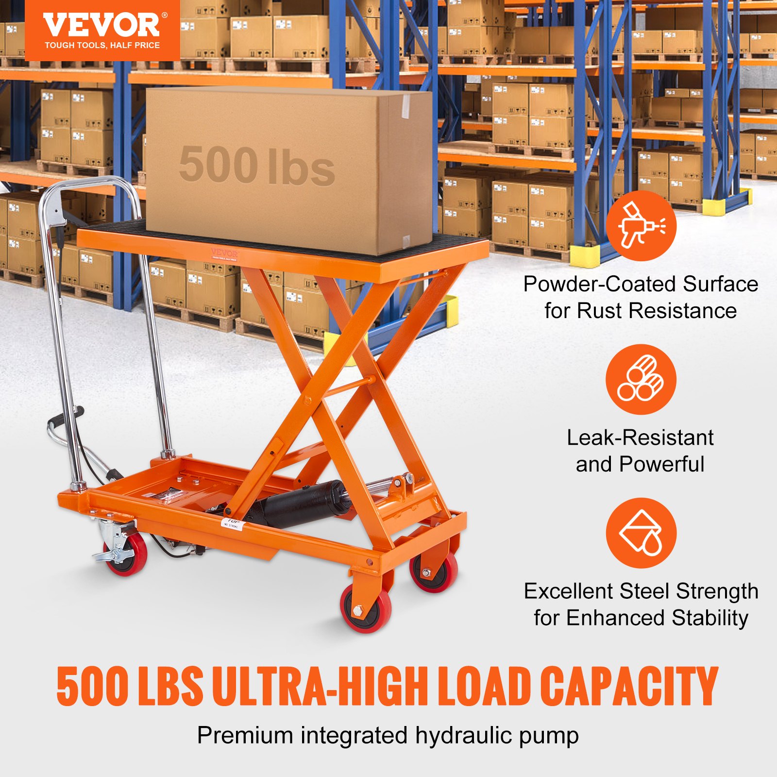 orange VEVOR hydraulic lift table with 500 lbs load in a warehouse, highlighting rust resistance and stability.