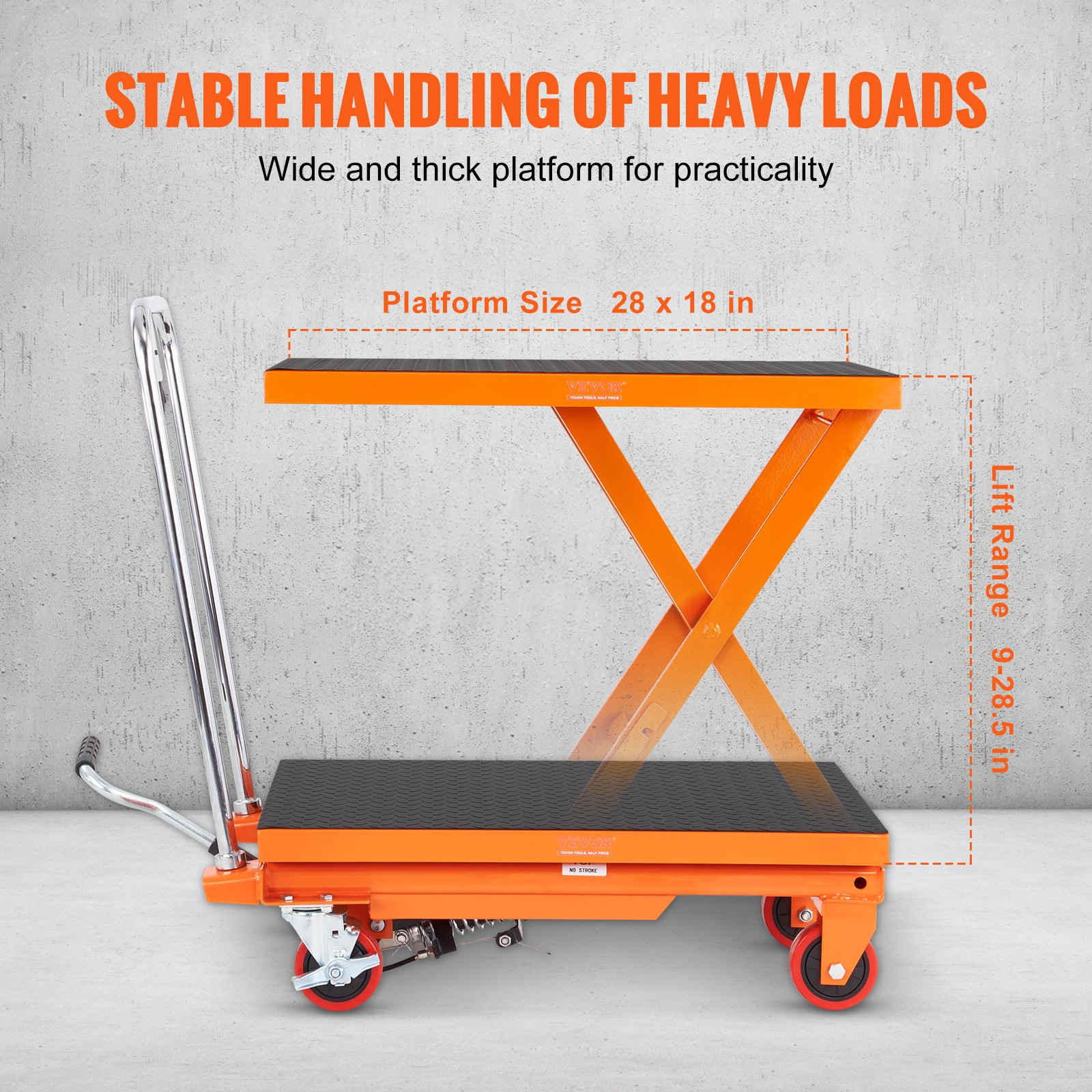 VEVOR hydraulic lift table with 28x18 in platform, lift range of 9-28.5 in, sturdy orange design.