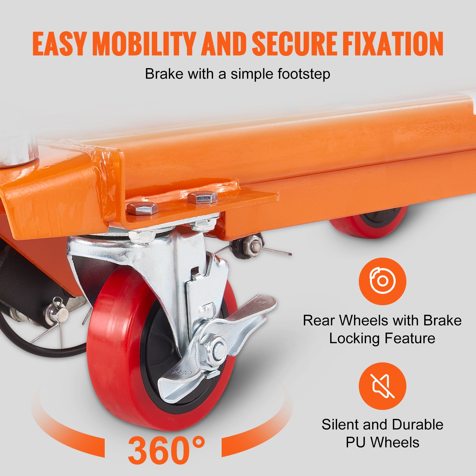 VEVOR hydraulic lift table features easy mobility, rear wheels with brake locking, and 360° rotation.