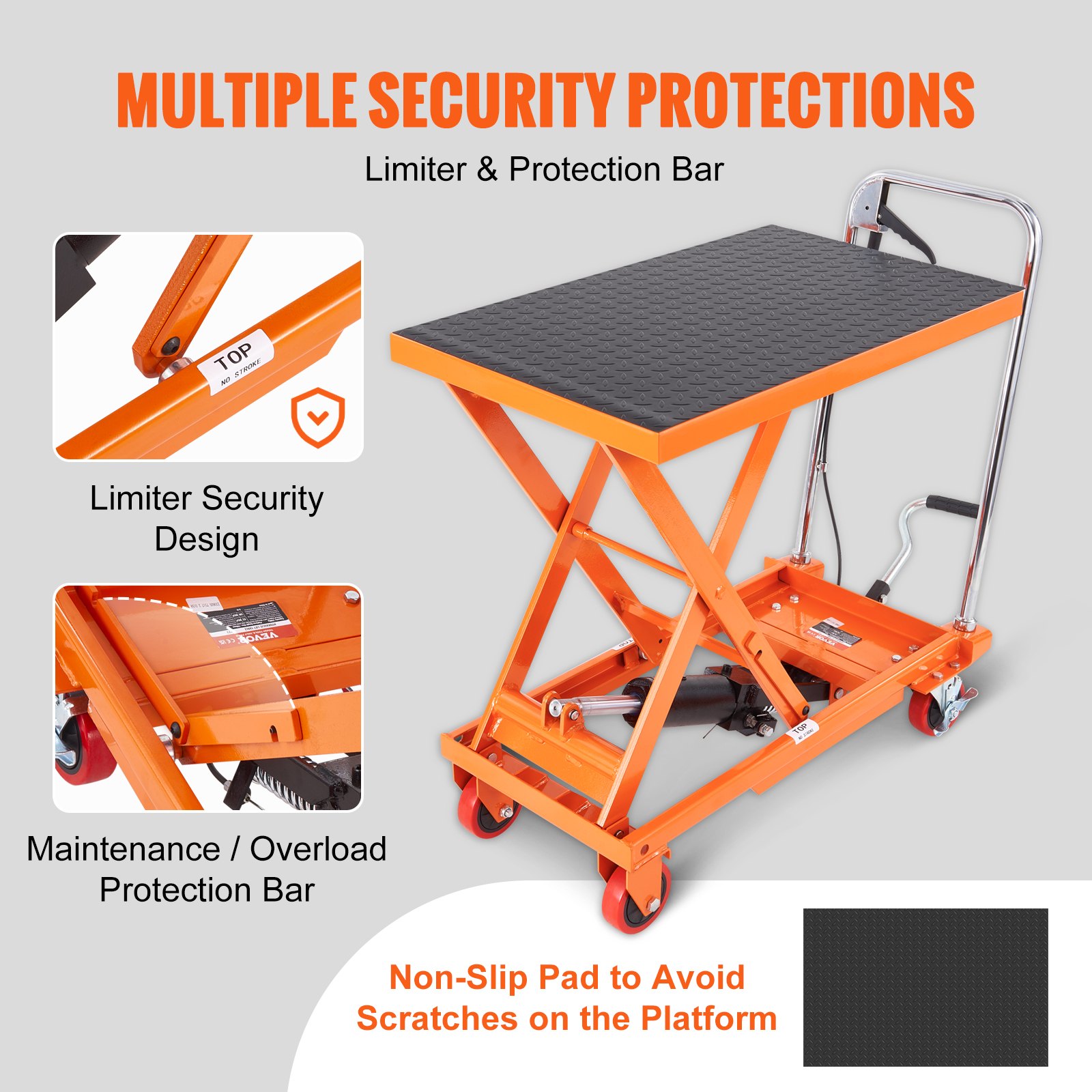 VEVOR hydraulic lift table with limiter security design and protection bar, featuring a non-slip pad.