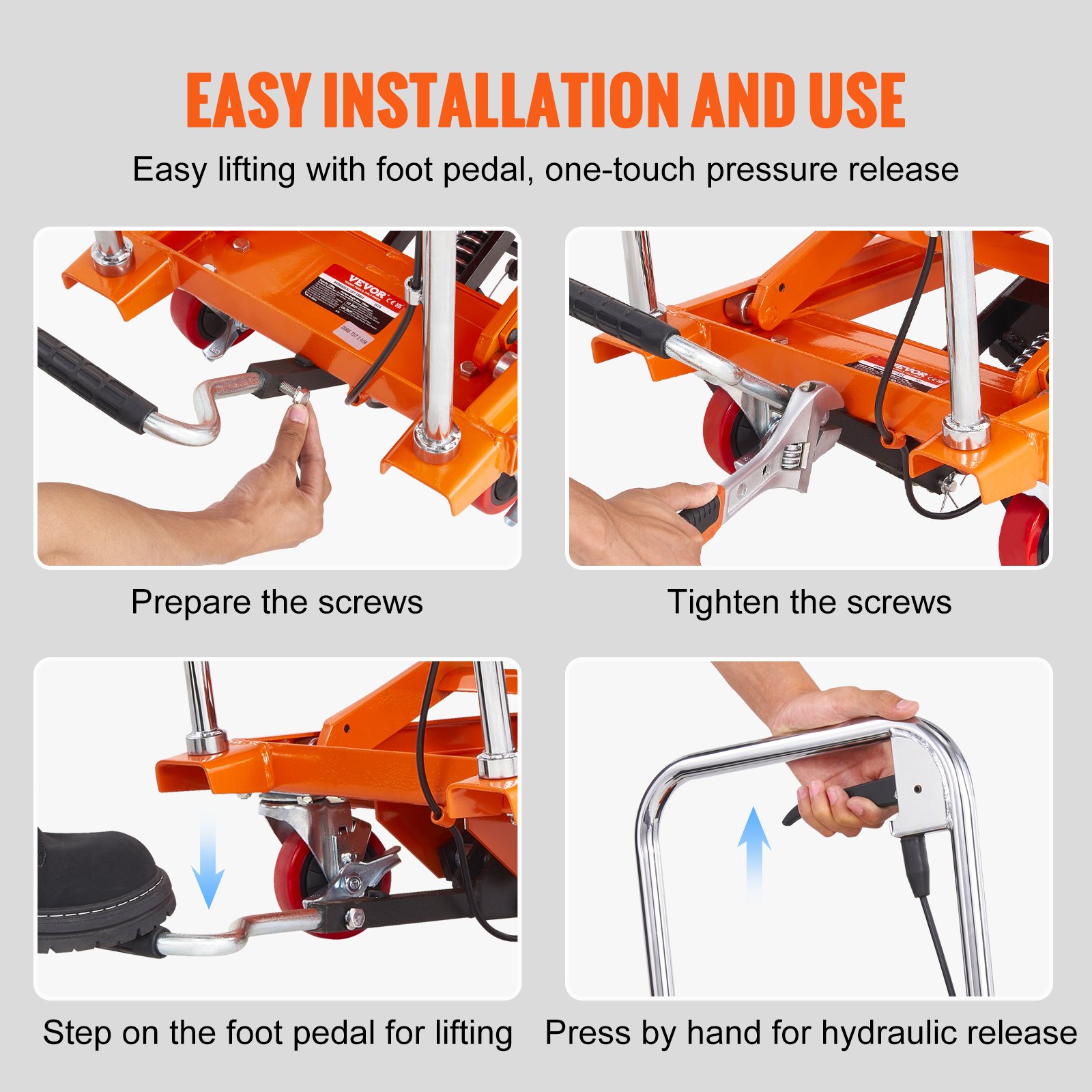 VEVOR hydraulic lift table installation instructions: screw preparation, tightening, foot pedal lift, hand press.