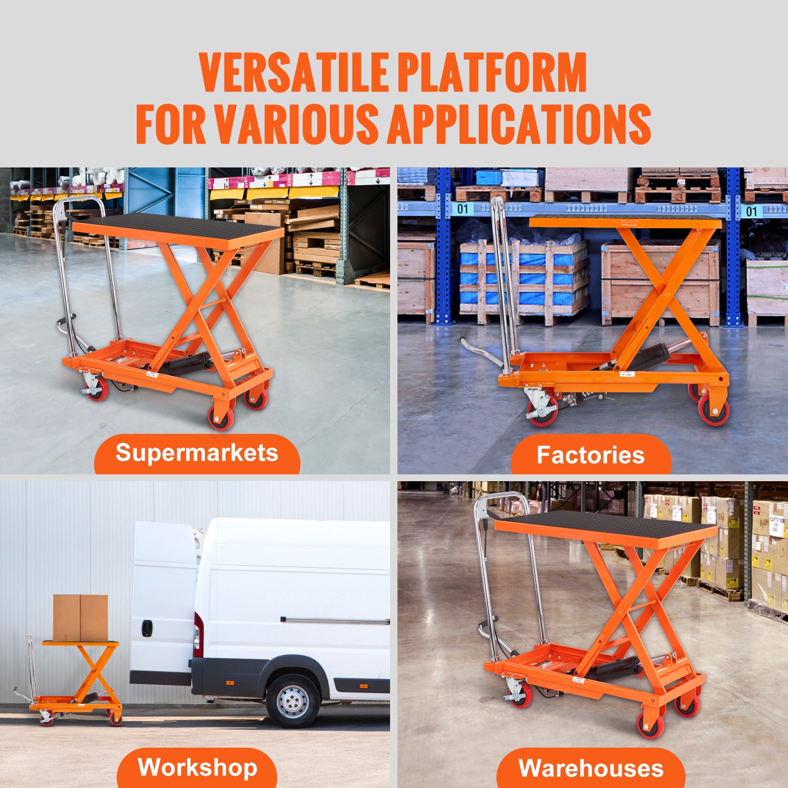VEVOR hydraulic lift table in orange used in supermarkets, factories, workshops, and warehouses.