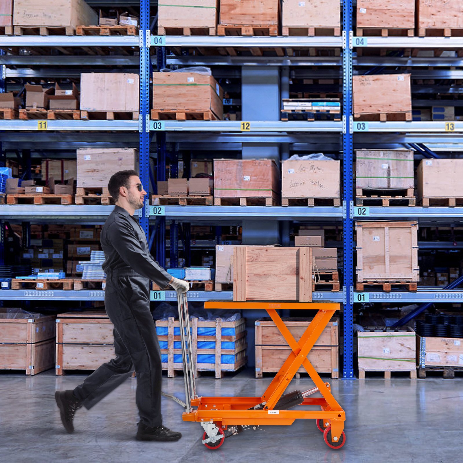 warehouse worker using VEVOR hydraulic lift table to move wooden crate in storage area.