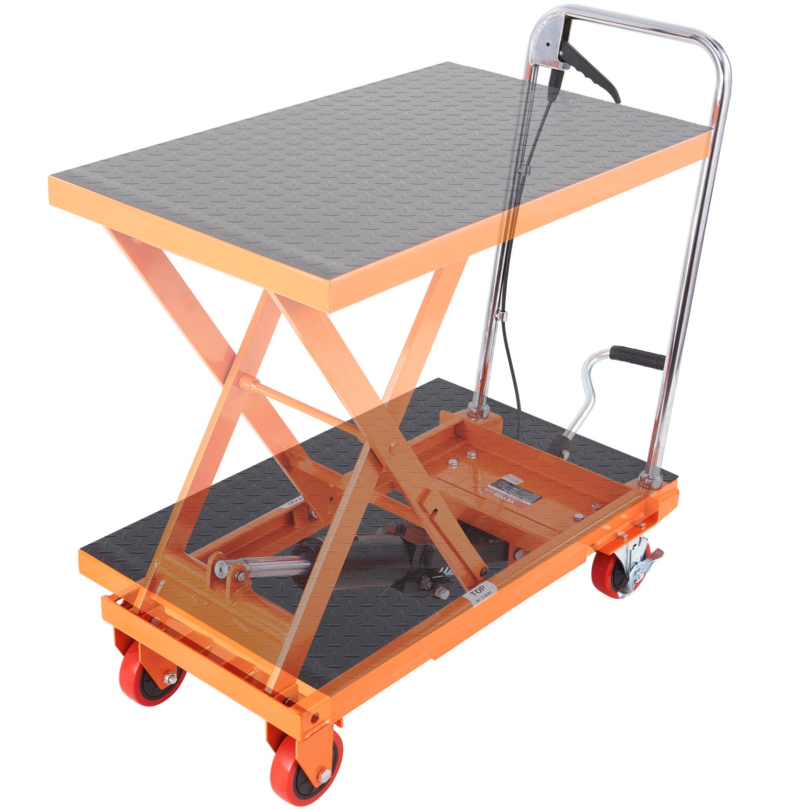 VEVOR hydraulic lift table with orange frame, scissor lift mechanism, and red swivel caster wheels.