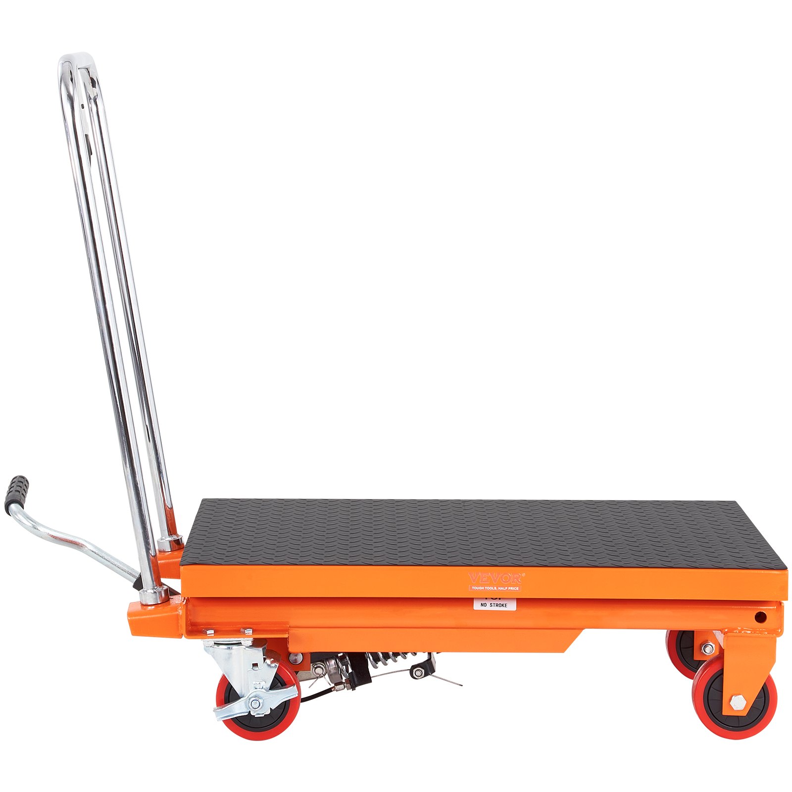 VEVOR hydraulic lift table with orange frame, black platform, and red caster wheels.