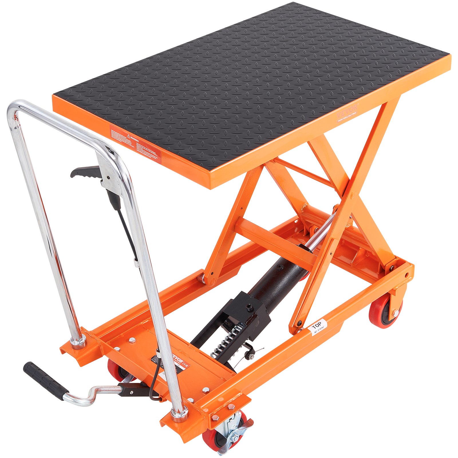 VEVOR hydraulic lift table with orange frame, black diamond-patterned platform, and chrome handle.