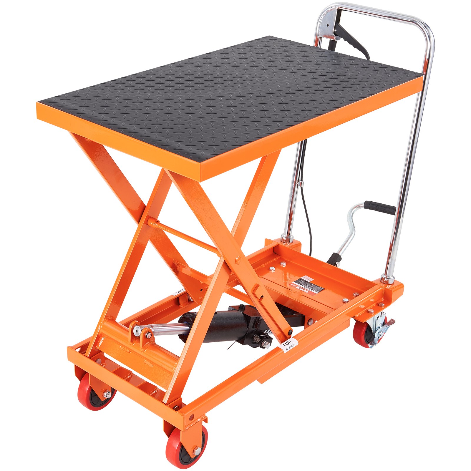 orange VEVOR hydraulic lift table with a black non-slip surface and red wheels on a white background.