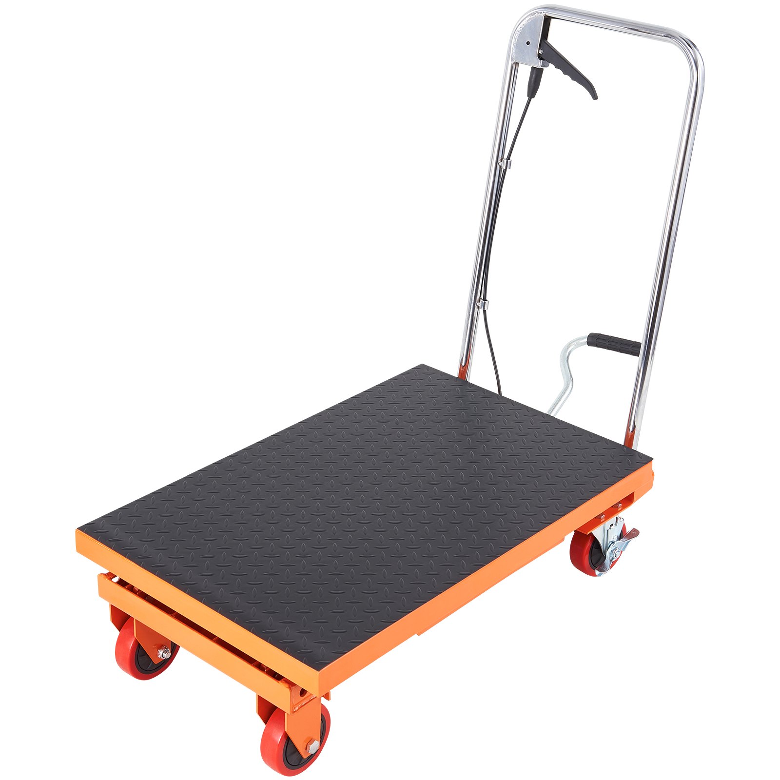 VEVOR hydraulic lift table with orange frame, black platform, and four red caster wheels with handle.
