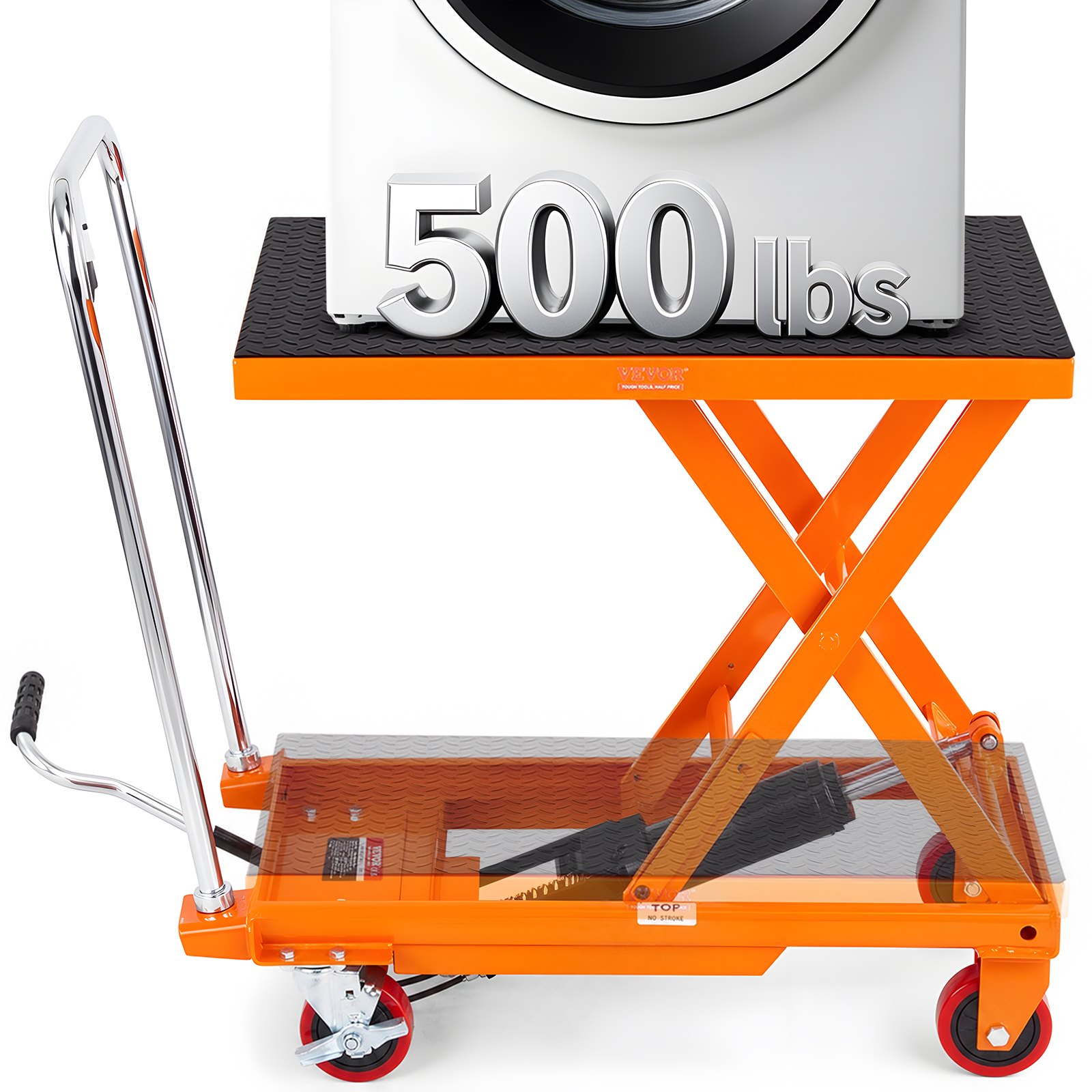 VEVOR Hydraulic Lift Table Cart, 500lbs Capacity 28.5" Lifting Height, Manual Single Scissor Lift Table with 4 Wheels and Non-slip Pad, Hydraulic Scissor Cart for Material Handling, Orange