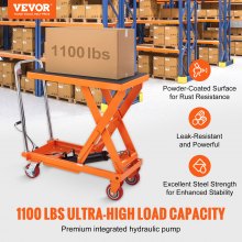 VEVOR Hydraulic Lift Table Cart, 1100lbs Capacity 35.4" Lifting Height, Manual Single Scissor Lift Table with 4 Wheels and Non-slip Pad, Hydraulic Scissor Cart for Material Handling and Transportation