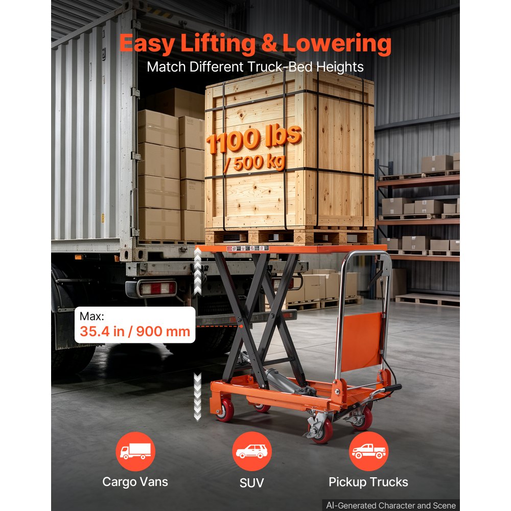 VEVOR Hydraulic Lift Table Cart, 1100 lbs Capacity 35.4 in Lifting Height, for Material Handling, Moving, Transportation, Manual Single Scissor Lift Table, 4 Wheels and Foldable Handle, Premium Steel