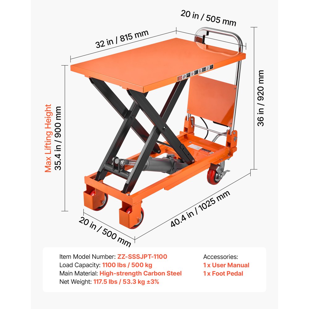 VEVOR Hydraulic Lift Table Cart, 1100 lbs Capacity 35.4 in Lifting Height, for Material Handling, Moving, Transportation, Manual Single Scissor Lift Table, 4 Wheels and Foldable Handle, Premium Steel