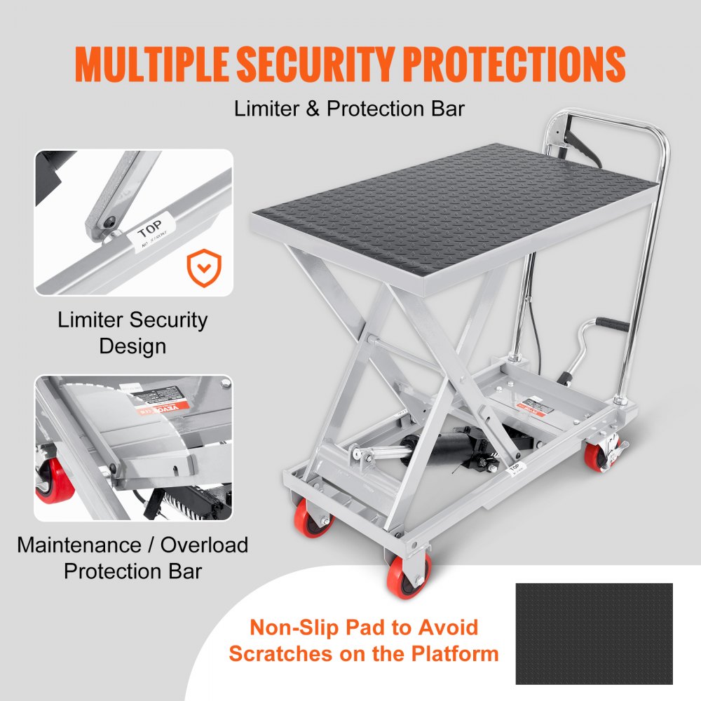 VEVOR Hydraulic Lift Table Cart, 230 kg Capacity 720 mm Lifting Height, Manual Single Scissor Lift Table with 4 Wheels and Non-slip Pad, Hydraulic Scissor Cart for Material Handling, Gray