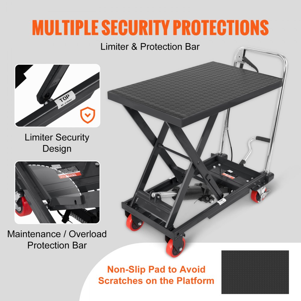 VEVOR Hydraulic Lift Table Cart,230 kg Capacity 720 mm Lifting Height, Manual Single Scissor Lift Table with 4 Wheels and Non-slip Pad, Hydraulic Scissor Cart for Material Handling, Black