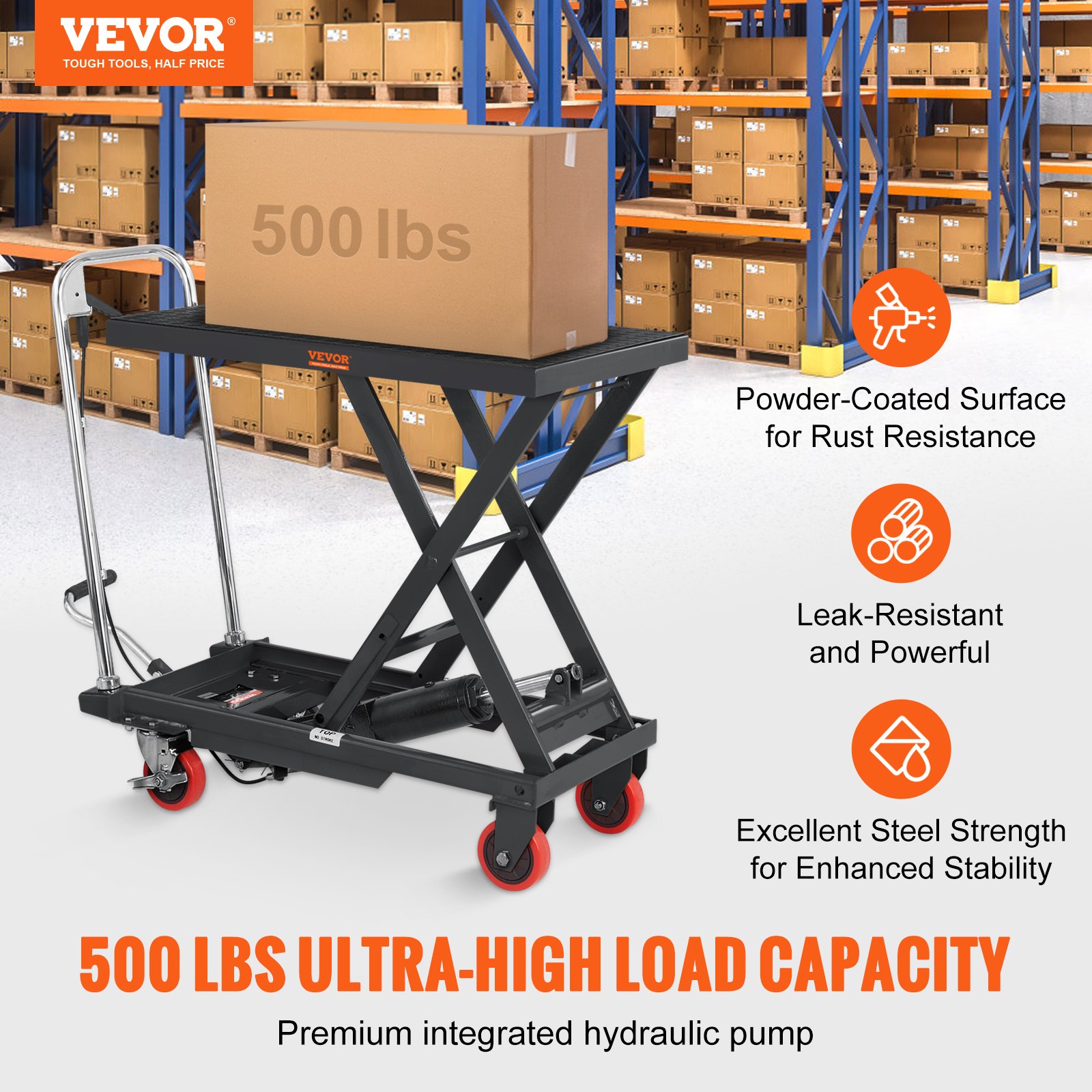 VEVOR Hydraulic Lift Table Cart,230 kg Capacity 720 mm Lifting Height, Manual Single Scissor Lift Table with 4 Wheels and Non-slip Pad, Hydraulic Scissor Cart for Material Handling, Black