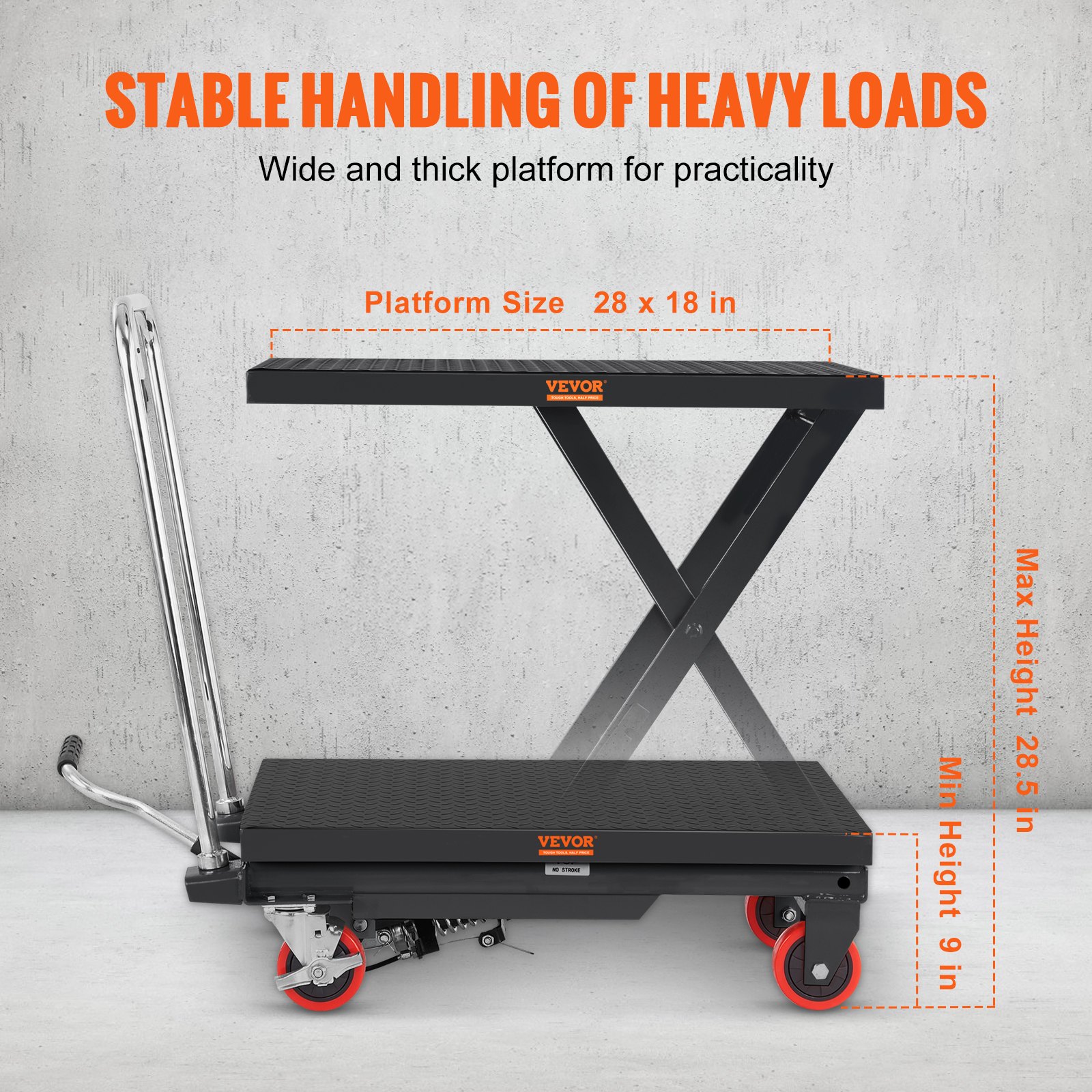 VEVOR Hydraulic Lift Table Cart,230 kg Capacity 720 mm Lifting Height, Manual Single Scissor Lift Table with 4 Wheels and Non-slip Pad, Hydraulic Scissor Cart for Material Handling, Black