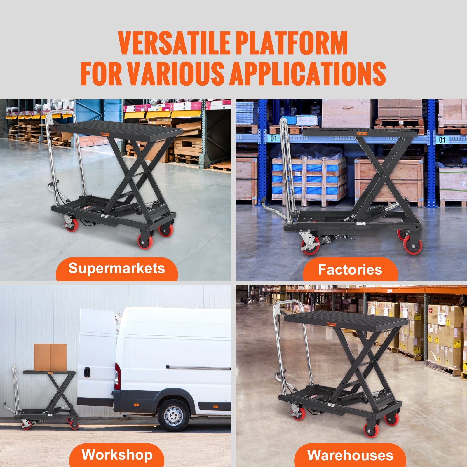VEVOR Hydraulic Lift Table Cart,230 kg Capacity 720 mm Lifting Height, Manual Single Scissor Lift Table with 4 Wheels and Non-slip Pad, Hydraulic Scissor Cart for Material Handling, Black