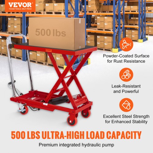 VEVOR Hydraulic Lift Table Cart, 500lbs Capacity 28.5" Lifting Height, Manual Single Scissor Lift Table with 4 Wheels and Non-slip Pad, Hydraulic Scissor Cart for Material Handling, Red