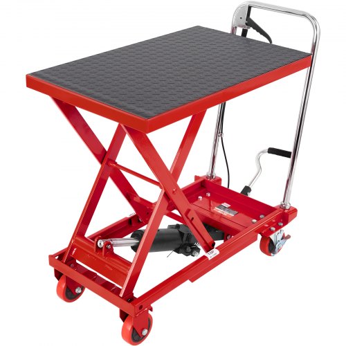 VEVOR Hydraulic Lift Table Cart, 500lbs Capacity 28.5" Lifting Height, Manual Single Scissor Lift Table with 4 Wheels and Non-slip Pad, Hydraulic Scissor Cart for Material Handling, Red
