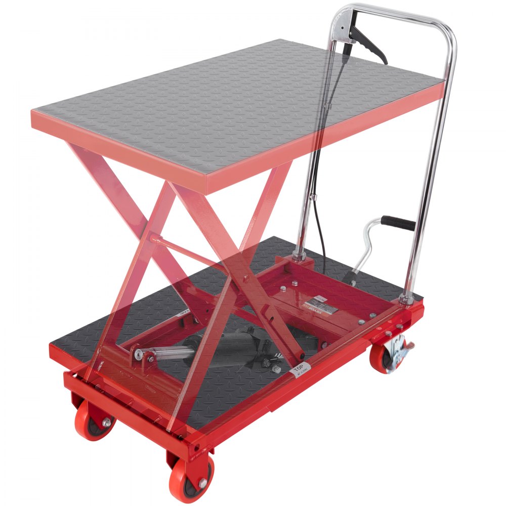 red VEVOR hydraulic lift table with diamond plate surface, foldable x-frame, and caster wheels.