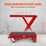 red VEVOR hydraulic lift table with wide platform, 28x18 in size, lift range of 9-28.5 in, stable handling.