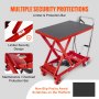 VEVOR hydraulic lift table with limiter security design, protection bar, and non-slip pad for safety.