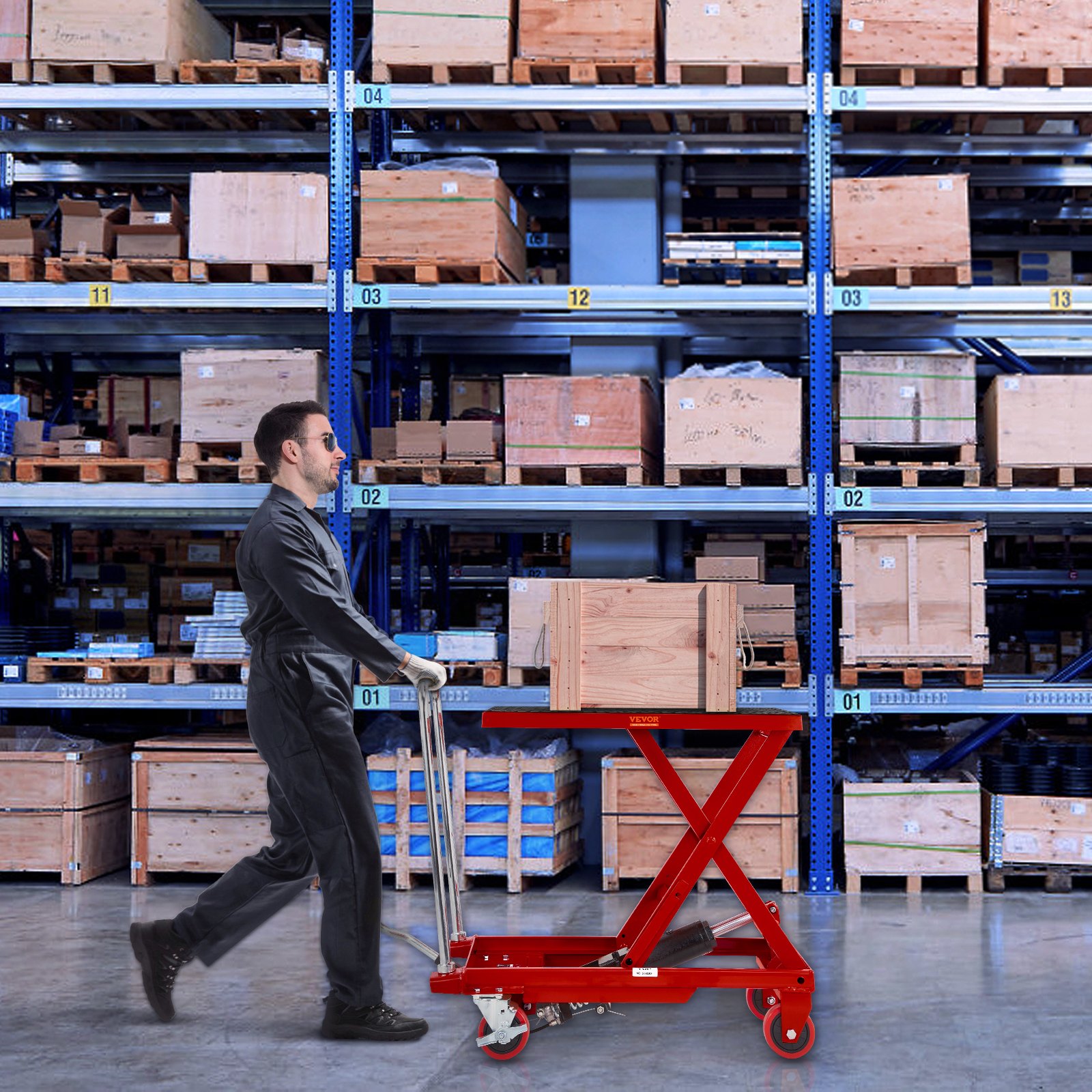 VEVOR Hydraulic Lift Table Cart, 330lbs Capacity 28.5" Lifting Height, Manual Single Scissor Lift Table with 4 Wheels and Non-slip Pad, Hydraulic Scissor Cart for Material Handling, Red