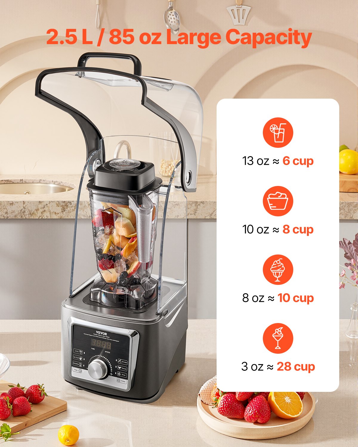Licuadora VEVOR para batidos, 250 ml (85 oz), 1400 W, licuadora profesional con potente motor, licuadora multifuncional para procesamiento de alimentos con cubierta insonorizante para batidos, malteadas y jugos, ideal para la cocina.